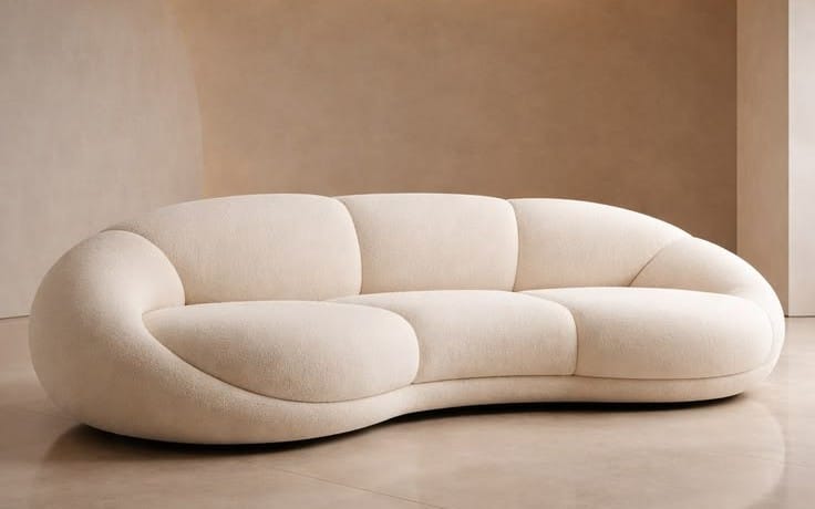 Cream modern sofa with curved arms and three padded back sections in a minimalist interior scene