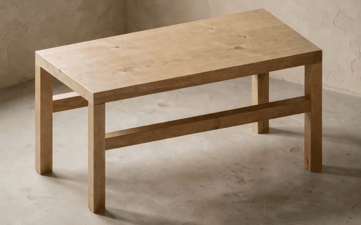 Parametric wooden table with rectangular top and lower shelf, shown against a light concrete background