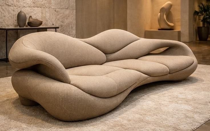 Sculptural beige upholstered lounge sofa with curved cushions in a modern living room setting