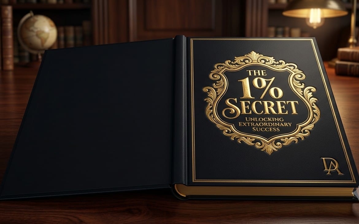Open black hardcover ebook titled The 1% Secret with gold ornate lettering on a desk