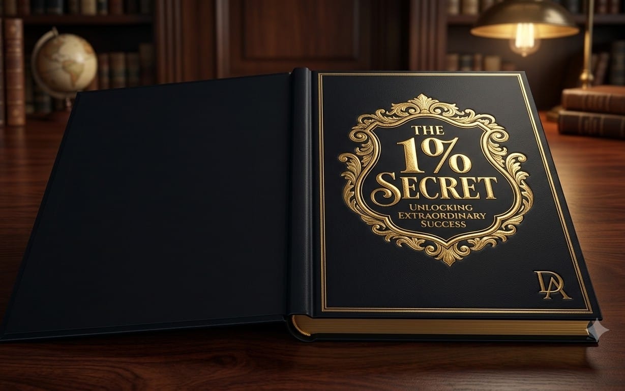 Open book titled The 1% Secret Unlocking Extraordinary Success on a wooden table, as a PDF ebook cover