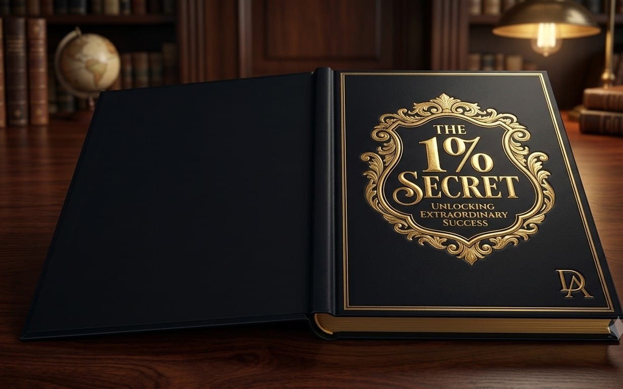 Open black PDF book titled The 10% Secret with gold ornate lettering on a wooden library desk