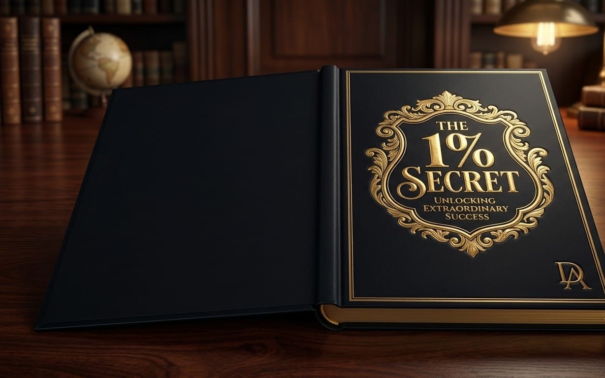 Open black book with gold ornate title The 1% Secret Unlocking Extraordinary Success in a study setting PDF cover