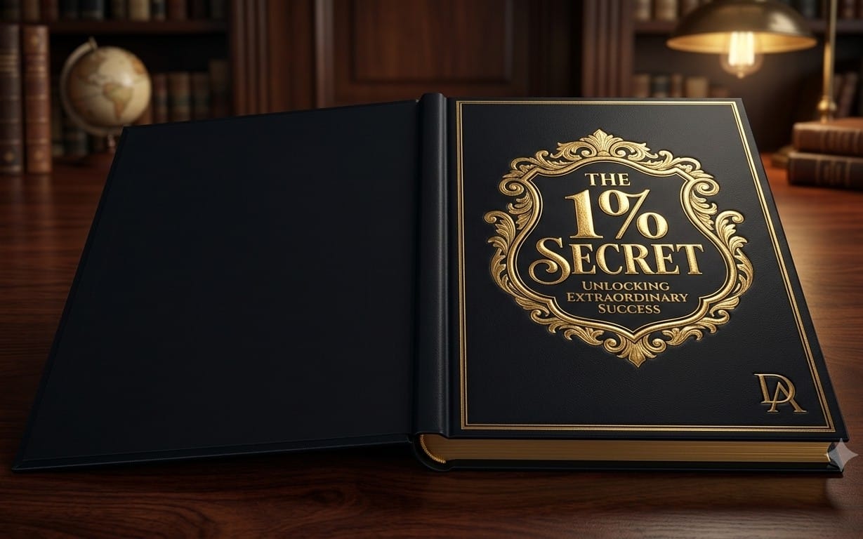 Open black hardcover PDF cover titled The 1% Secret with gold ornamental frame on a wooden desk
