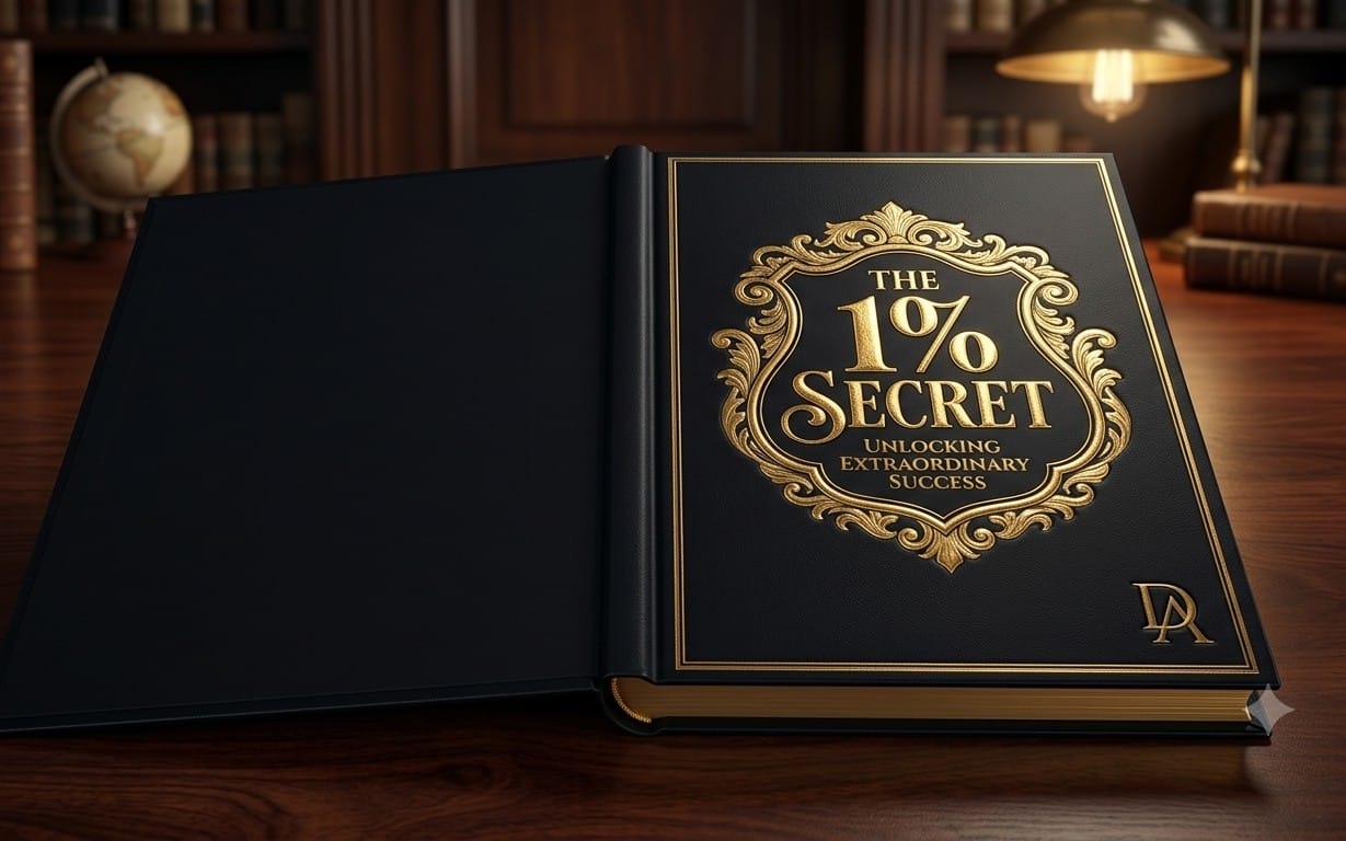 Open luxury book cover titled The 1% Secret Unlocking Extraordinary Success on a wooden desk background