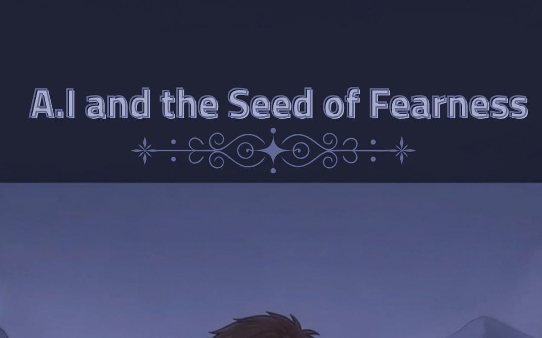 Dark blue title graphic for ebook cover AI and the Seed of Fear with decorative swirls and stars