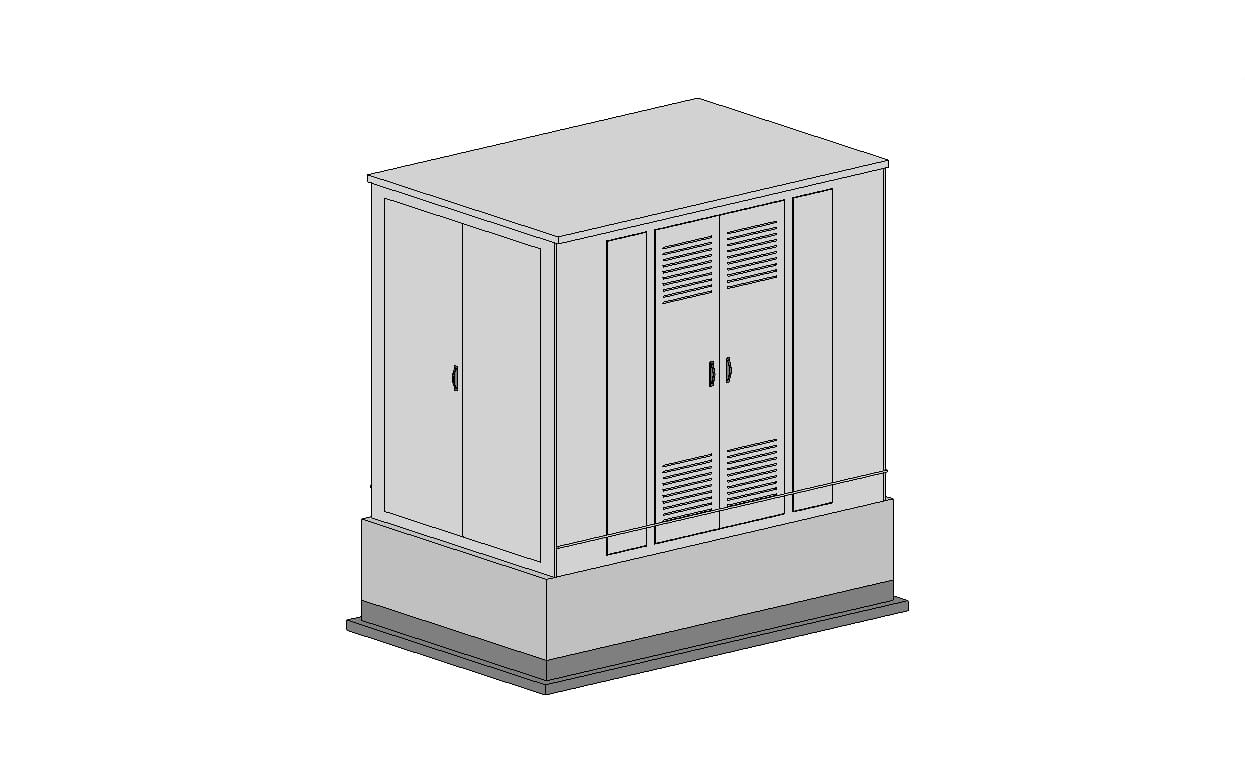 3D render of a kiosk substation enclosure with double doors and ventilation grilles on a base