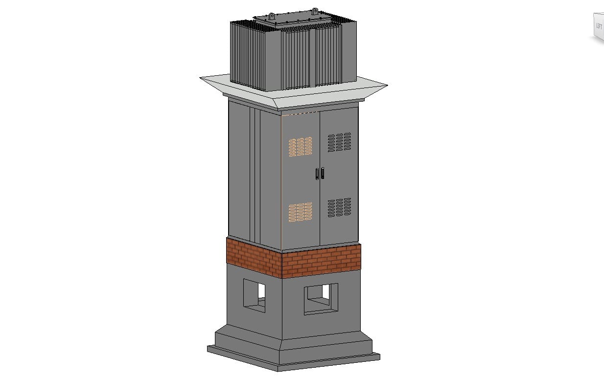 3D rendered single-pole substation structure with metal housing and brick base