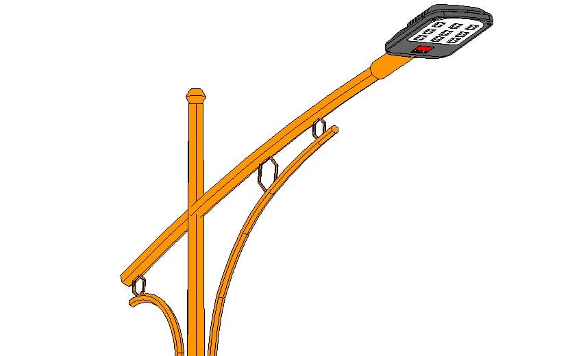 Road lighting pole Revit family model with curved arm and rectangular LED fixture on white background