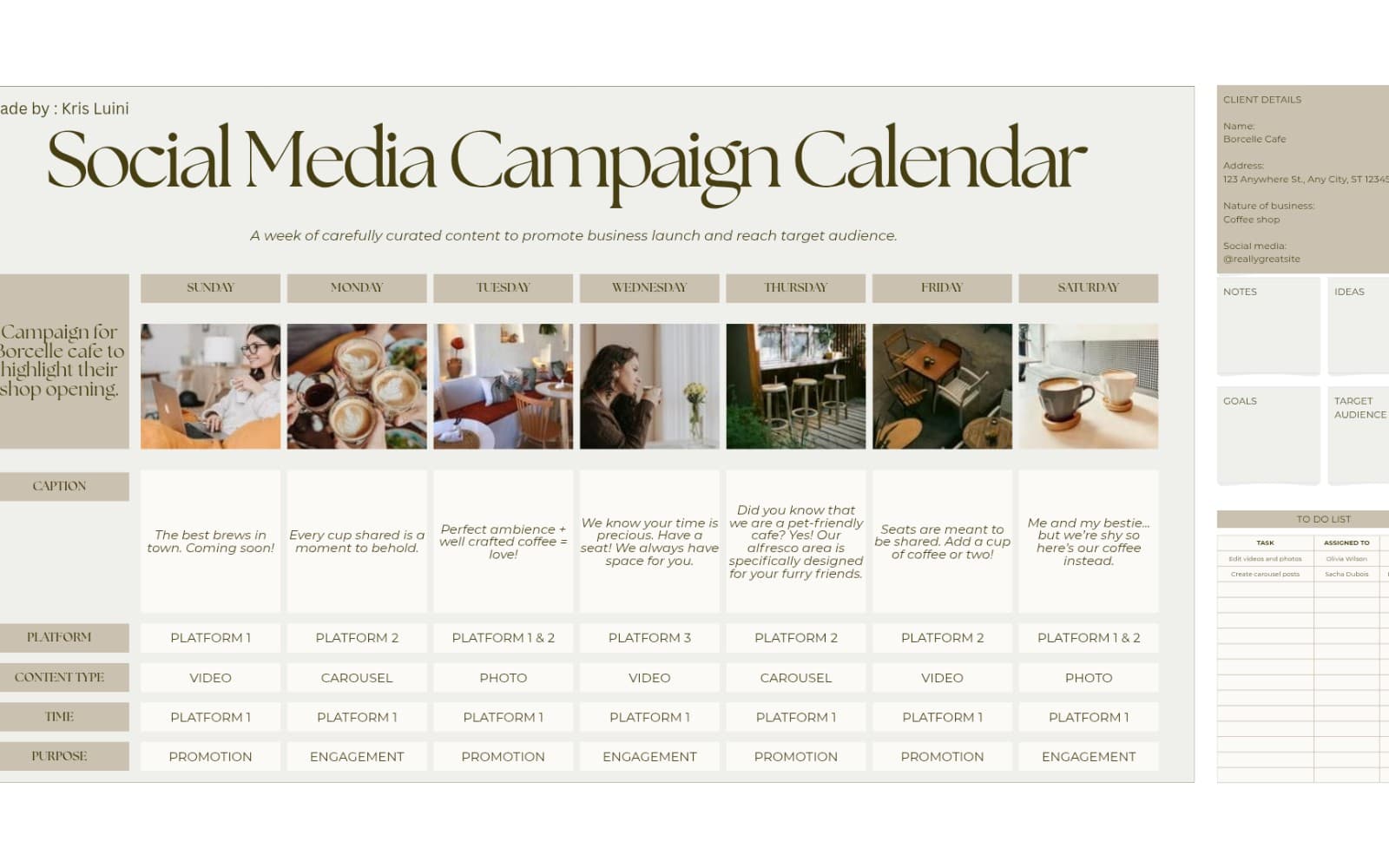 Social Media Campaign Weekly Content Calendar Neutral Minimalist Whiteboard