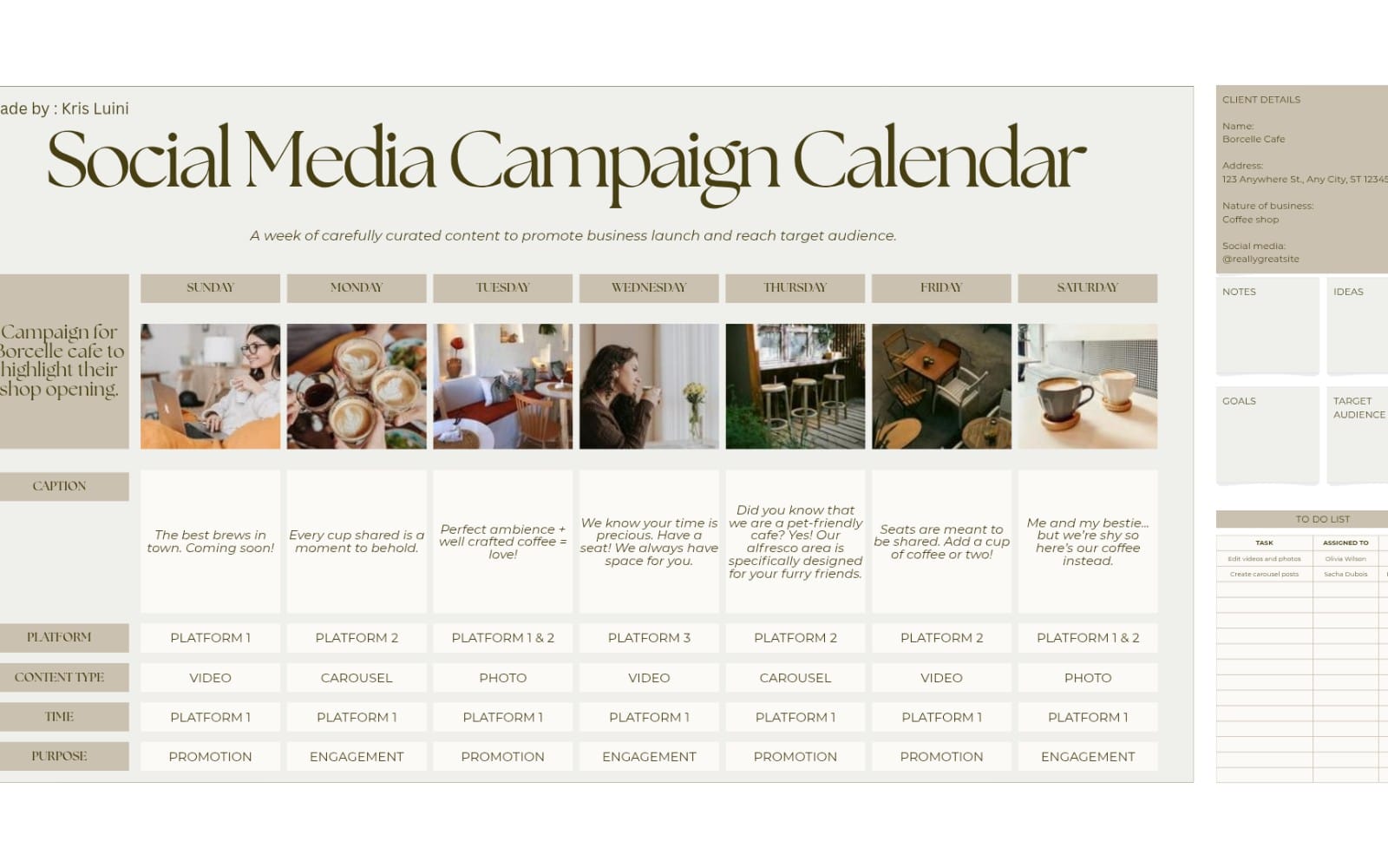 Social Media Campaign Weekly Content Calendar Neutral Minimalist Whiteboard