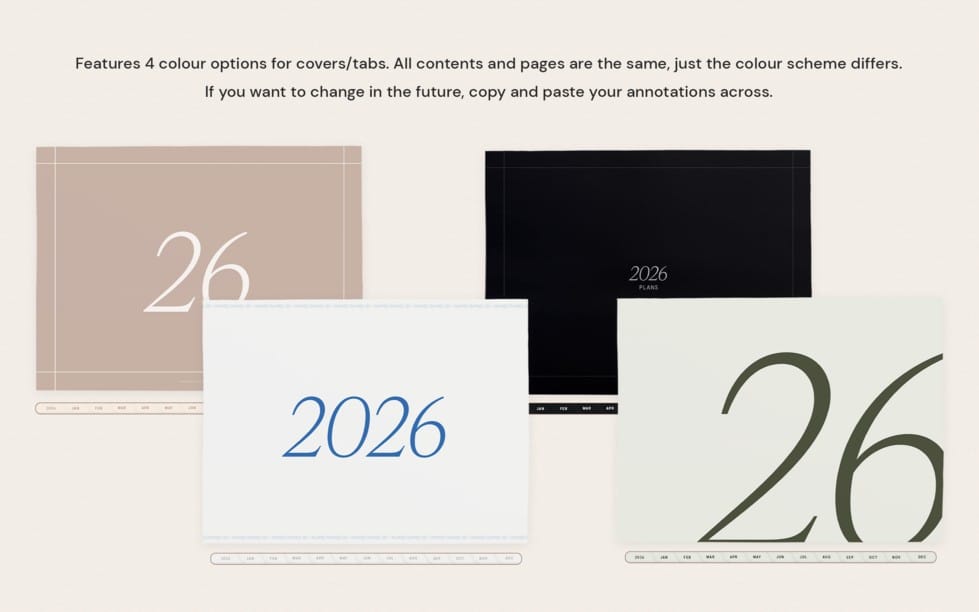 2026 digital planner cover mockups with beige, black, and white designs featuring large date numbers