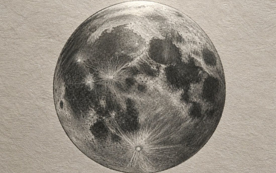 Hyper-detailed graphite drawing of the moon with cratered texture on a light background