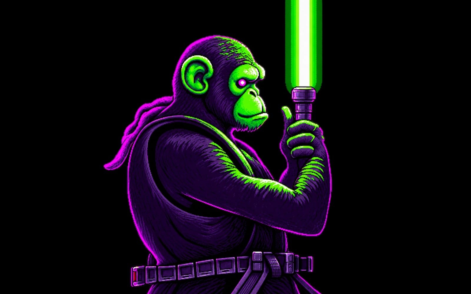 Cyberpunk gorilla warrior retro pixel art t-shirt design with neon green mohawk and laser sword on black background