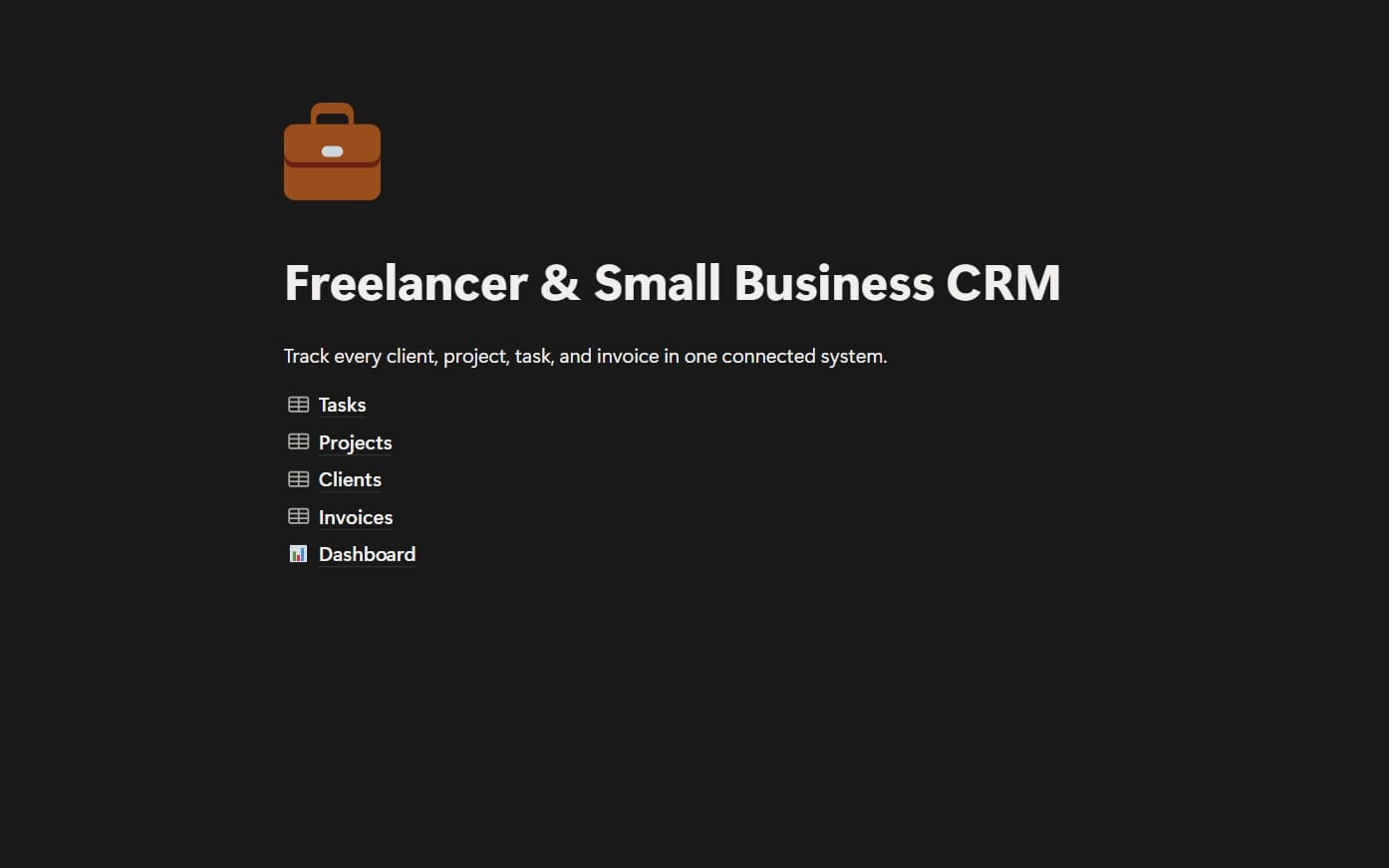 Freelancer and small business CRM Notion template landing screen with sections for tasks projects clients invoices