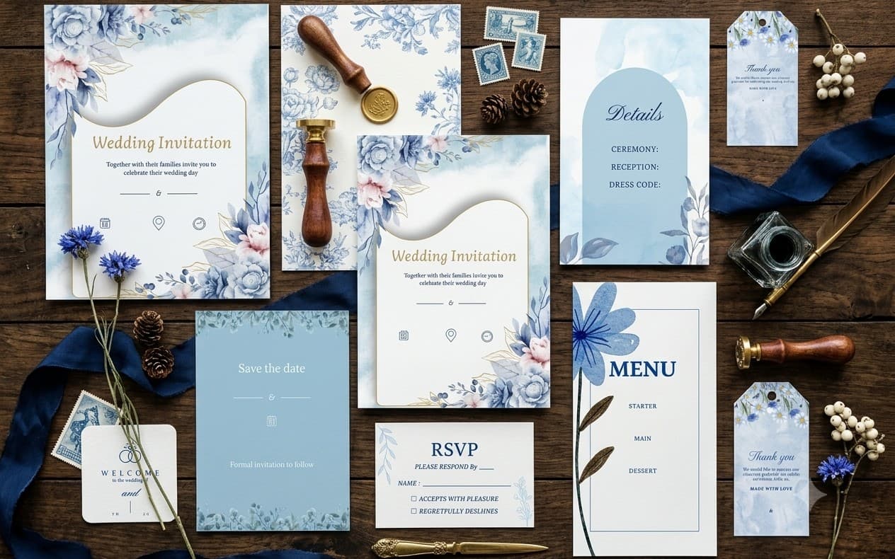 Dusty Blue Floral Wedding Stationery Suite — 12-Piece Printable Set