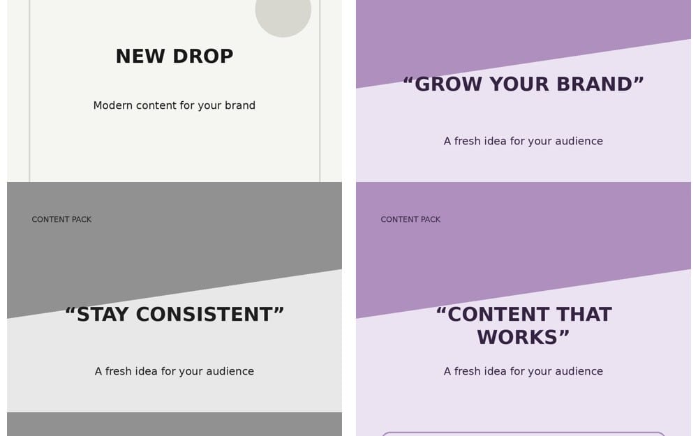 AI Instagram content pack cover designs with text prompts like New Drop Grow Your Brand Stay Consistent Content That