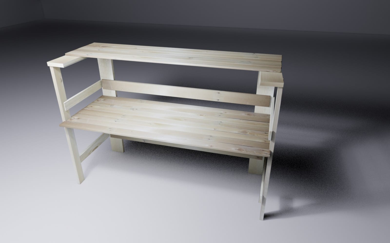 Low-poly wooden plank work table with four legs and top shelf, 3D render product preview