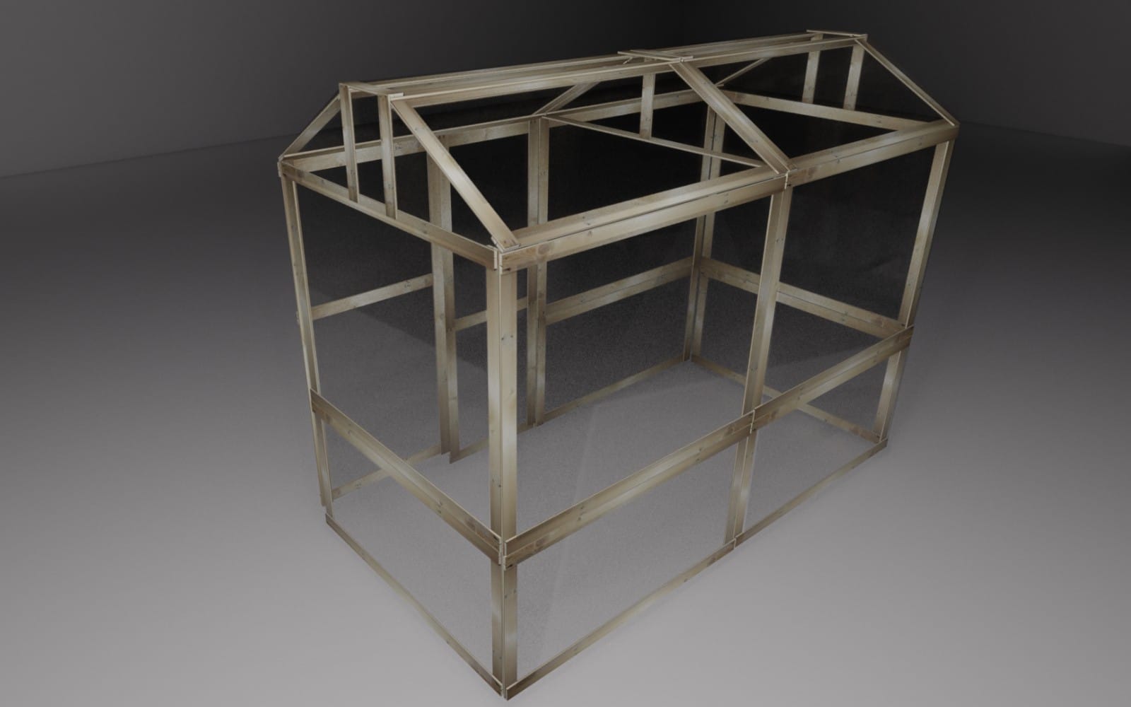 Wood frame greenhouse 3D model with transparent panels and cross braces on a neutral background