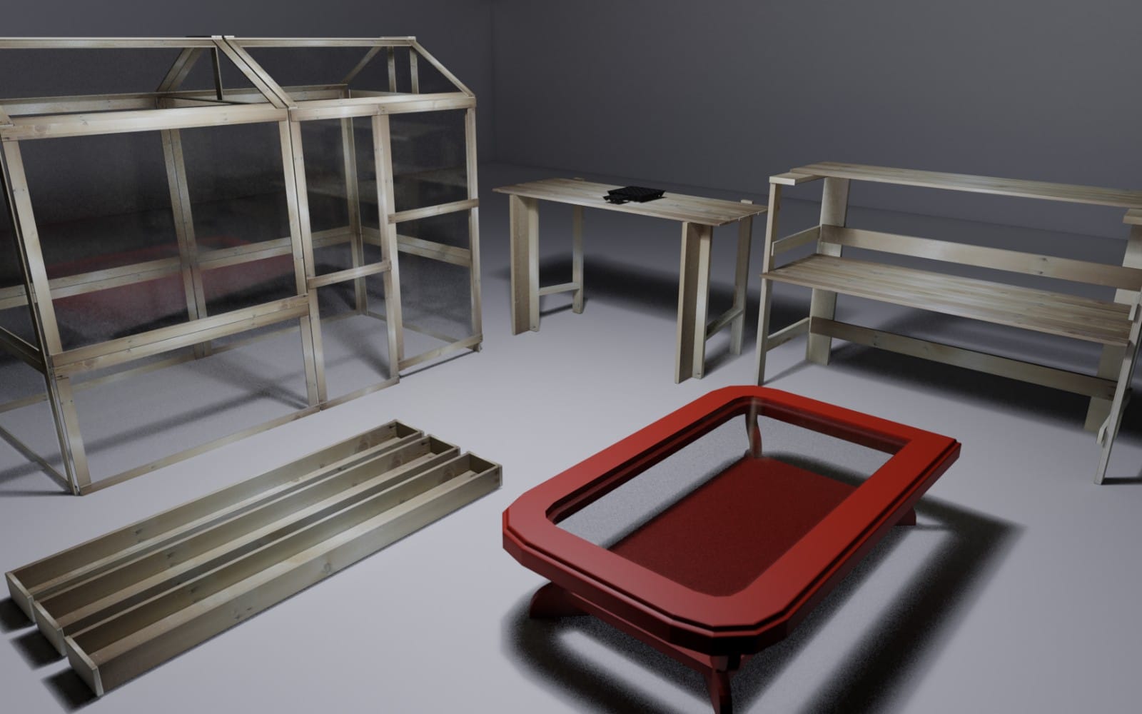 Low poly textured 3D farming and greenhouse tables model bundle with a red utility tray on a white studio floor