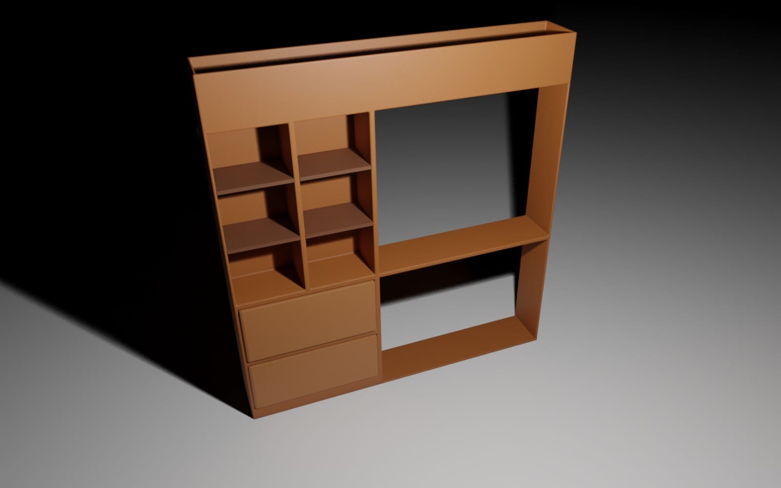 Low-poly 3D wooden cupboard model with shelves and drawers on a dark background render