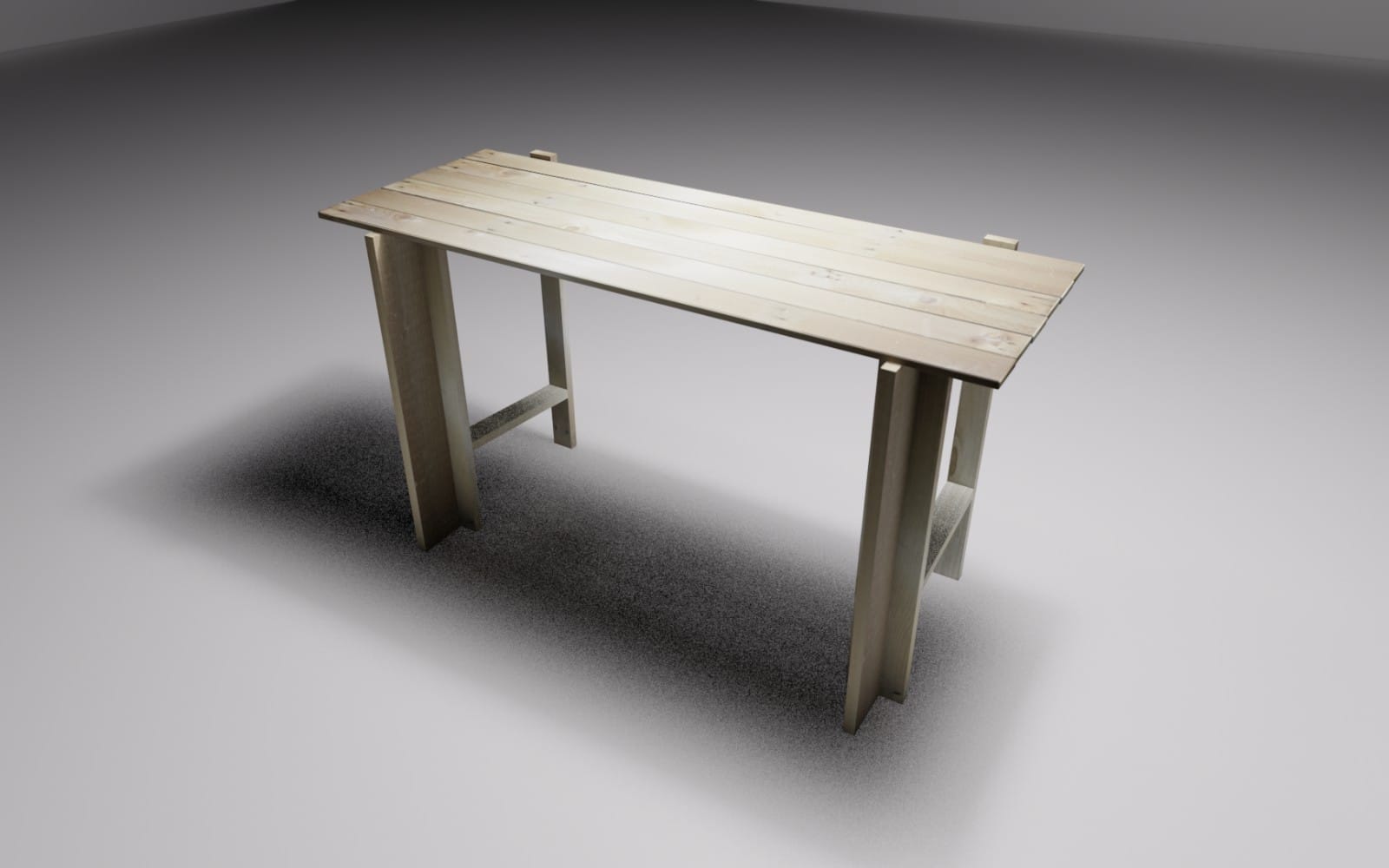 Low poly 3D table with light wood top and textured plank pattern on gray background
