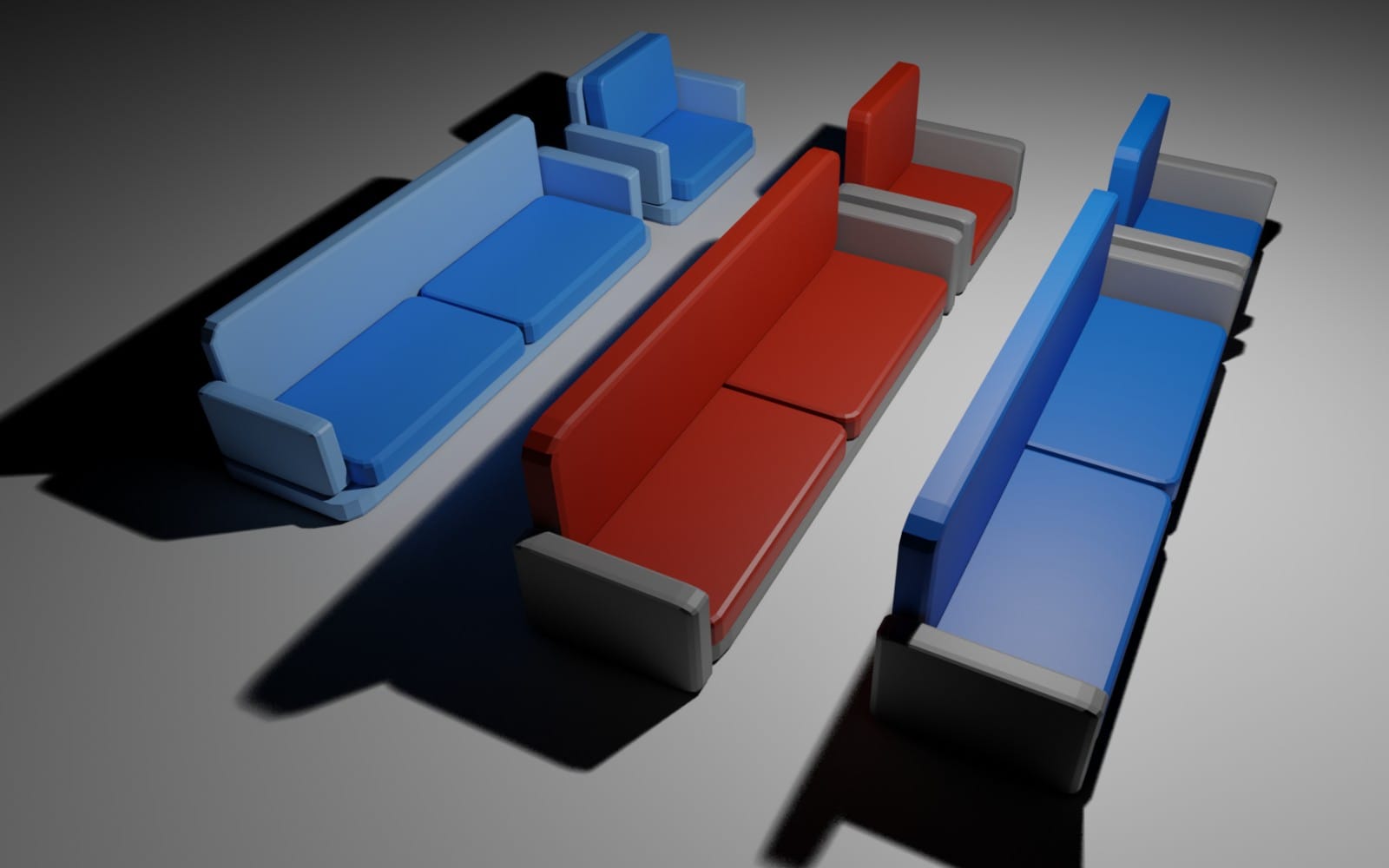 Set of colorful 3D sofa models on a gray background with red, blue, and light gray variants