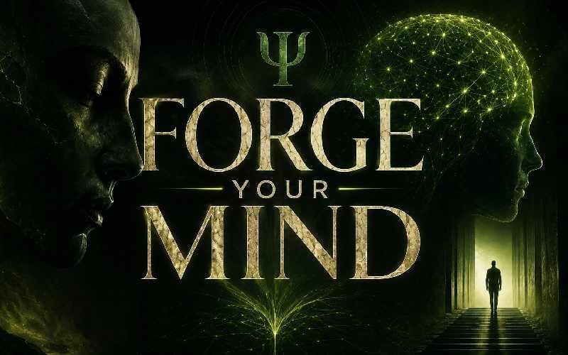 Surreal dark poster for Forge Your Mind Advanced Version, with two faces, glowing corridor, and gold title text