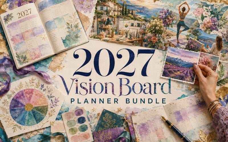 2027 Vision Board Planner Bundle digital planner cover with calendars, floral collage, and writing tools