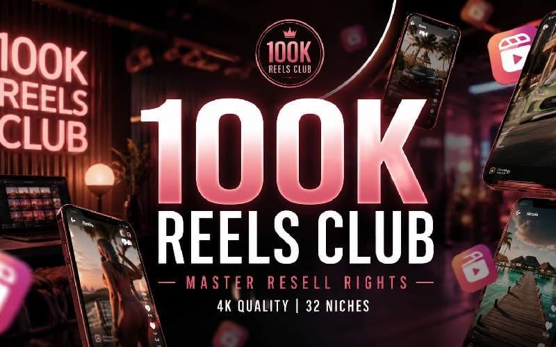 Promotional banner for 100k Viral Reels Club digital marketing resell rights package with smartphone mockups and text