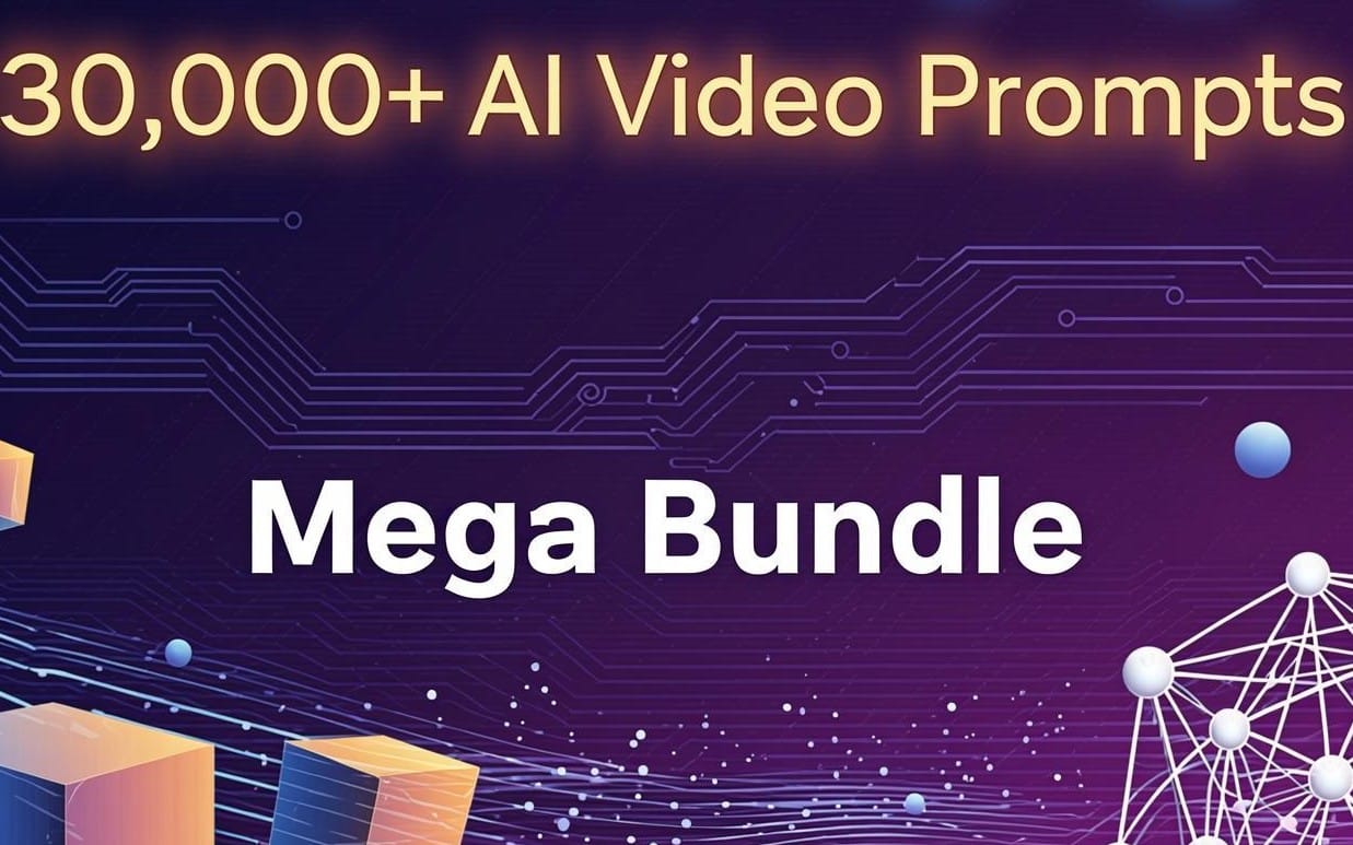 Purple digital tech banner for VisualRampage mega bundle featuring 30,000+ AI video prompts