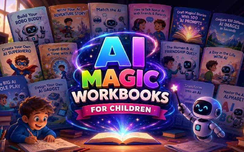 Colorful AI Magic Workbooks for Children cover with robot character and stacked title books on a desk