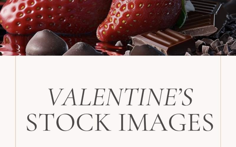 Valentine themed stock image banner with strawberries, chocolate pieces, and Valentines Stock Images text