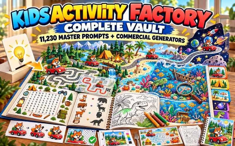 Kids Activity Factory complete vault set with activity books, puzzle pages, markers and toy race cars outdoors