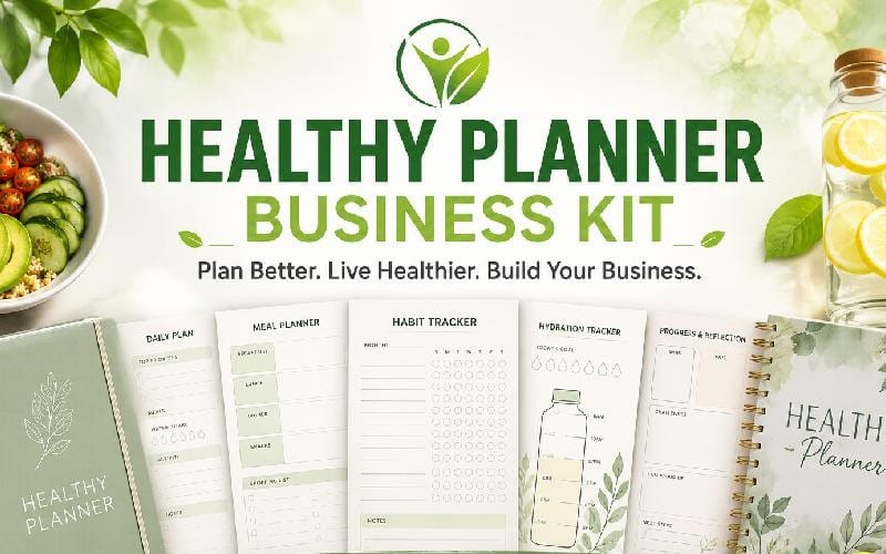 Healthy Planner Business Kit cover with meal, habit, hydration tracker pages and notebooks on a fresh food background