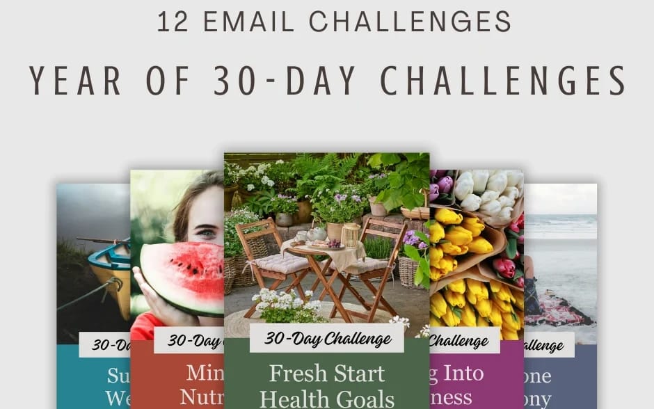 Collage cover for HappyHealthyClub Year of Health and Wellness 30-day challenges with 12 email challenges text