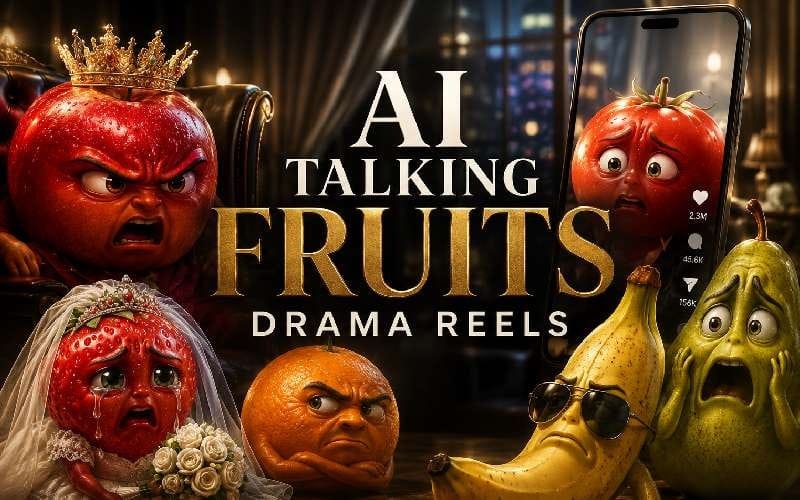 AI talking fruits drama reels bundle banner featuring grumpy pomegranate, banana, apple characters with text