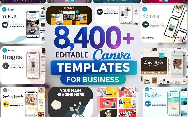 Canva social media templates collage showing 8400+ editable Instagram posts stories reels and carousels thumbnails