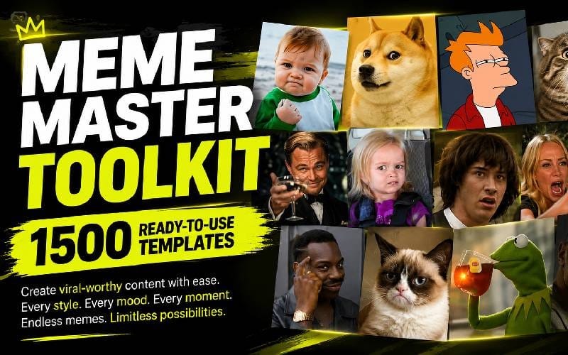 Meme Master Toolkit cover for a digital template pack with collage of meme faces and 1500 templates text