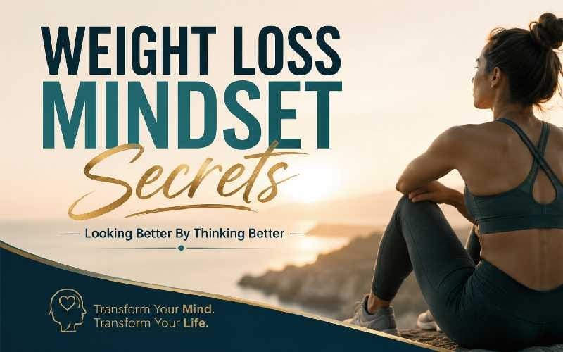 Weight loss mindset ebook cover with bold text and a woman running outdoors at sunset
