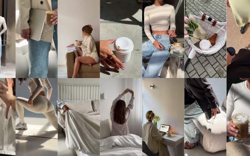 Collage of faceless lifestyle video clips showing drinks, lounging, and outfits for a digital video vault