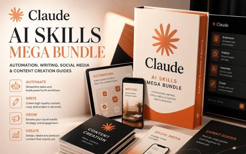 Claude AI Skills Mega Bundle ebook guides with automation, writing, social media, and content creation on desk