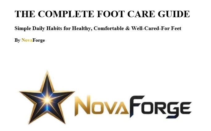 Title banner for The Complete Foot Care Guide eBook with NovaForge logo and foot care branding