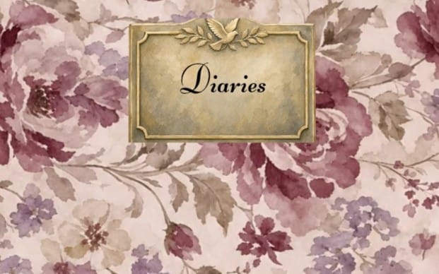 Vintage diary cover graphic with gold frame and word Diaries over floral watercolor background