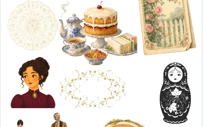 Victorian vintage stationery and sticker pack collage with teapot, cake, florals, lace, portraits, and matryoshka shapes