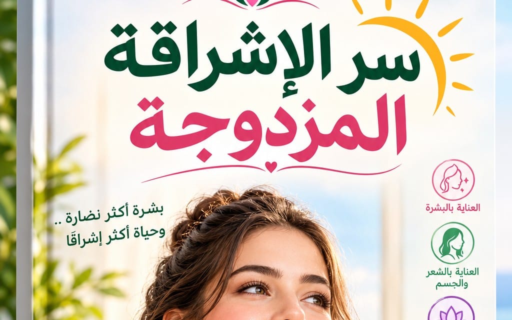 غلاف كتاب إلكتروني بعنوان سر الإشراقة المزدوجة بخلفية ملونة وصورة امرأة ونص عربي بارز