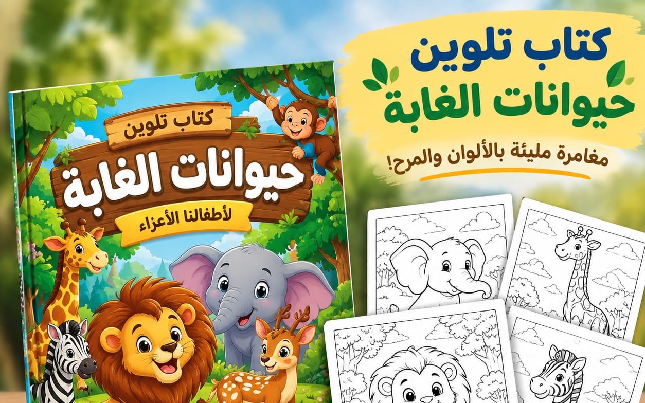 دفتر تلوين أطفال برسوم حيوانات ملونة وصفحة تلوين جاهزة بالحيوانات البرية