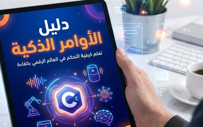 دليل الأوامر الذكية على شاشة هاتف يعرض واجهة تعليمية مع أيقونات وأدوات برمجية