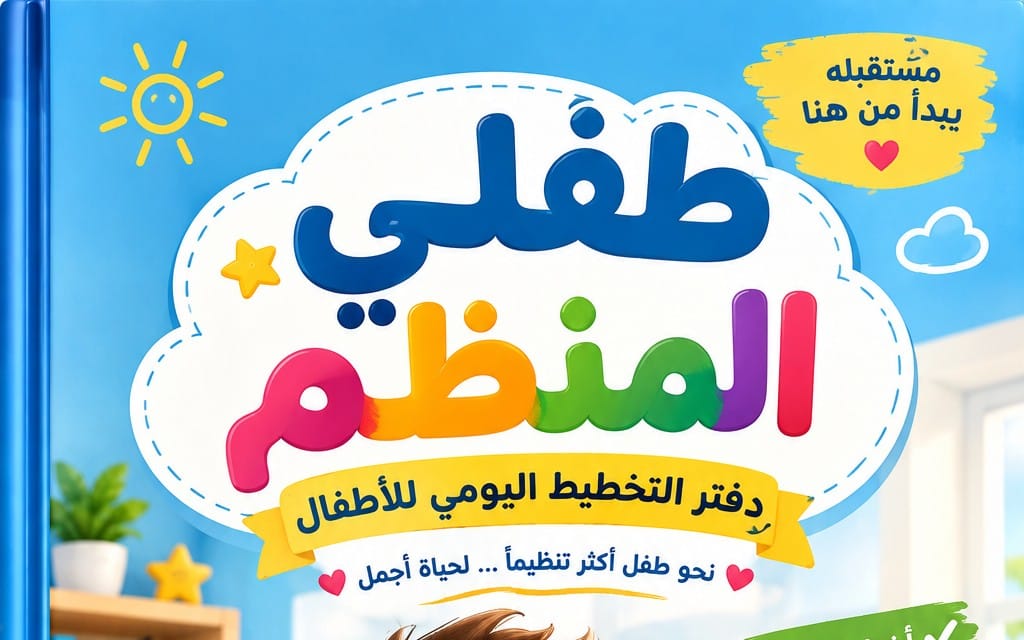 أغلفة كتاب أطفال عربي ملون بعنوان منظمي الصغير وصورة حروف وقلوب ونجوم على خلفية زرقاء