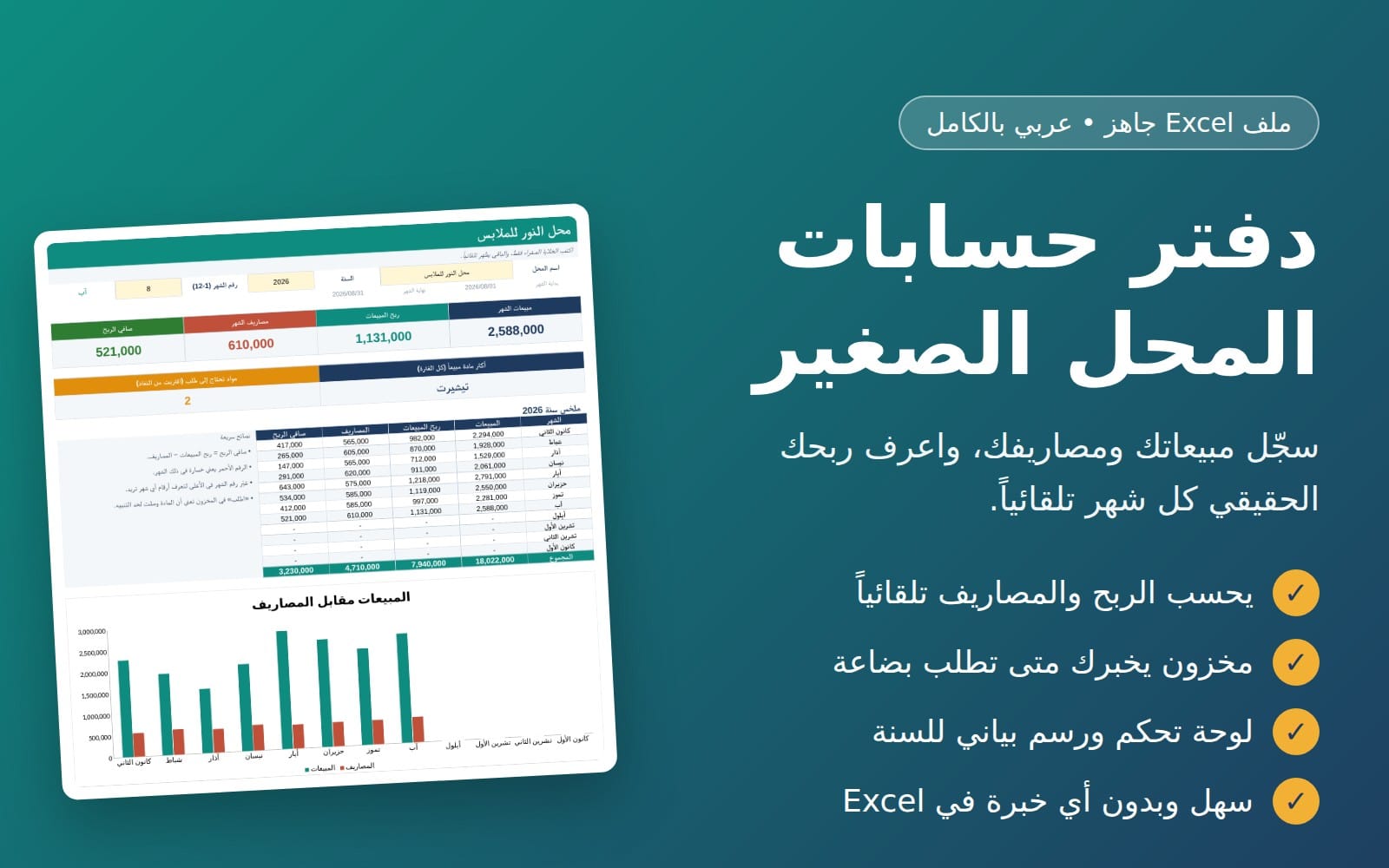 قالب حسابات متجر صغير بالعربية داخل شيت Excel يعرض المبيعات والمصاريف والمخزون والأرباح